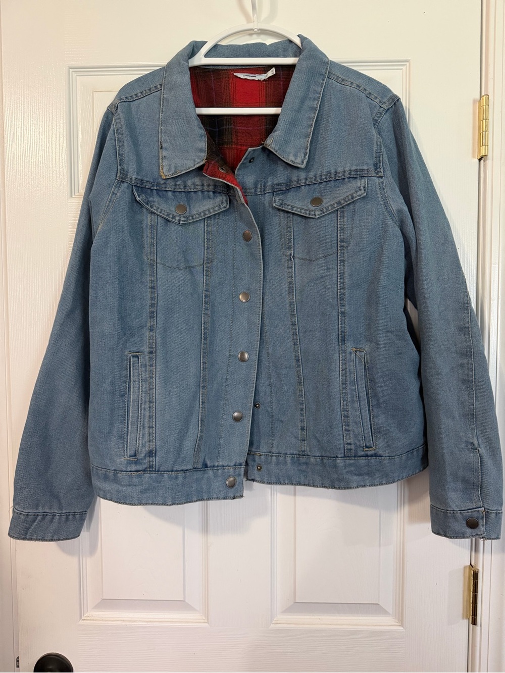 Maurices Light Blue Denim reversible Jacket with Plaid Lining